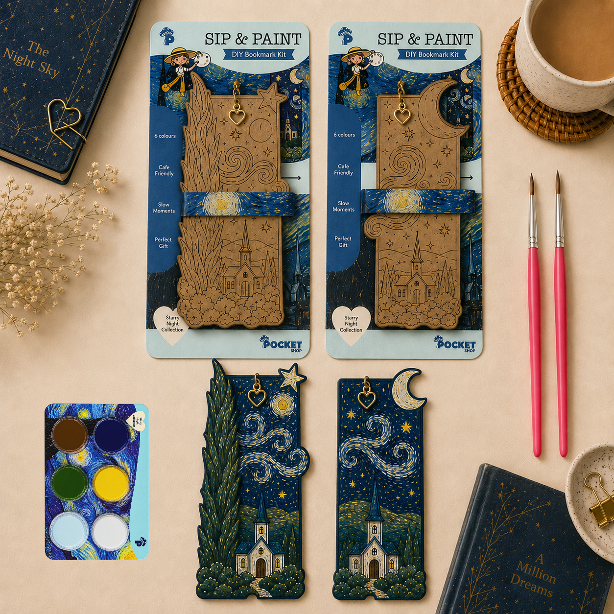 Starry night -"SIP & PAINT"- D.I.Y Bookmark kit