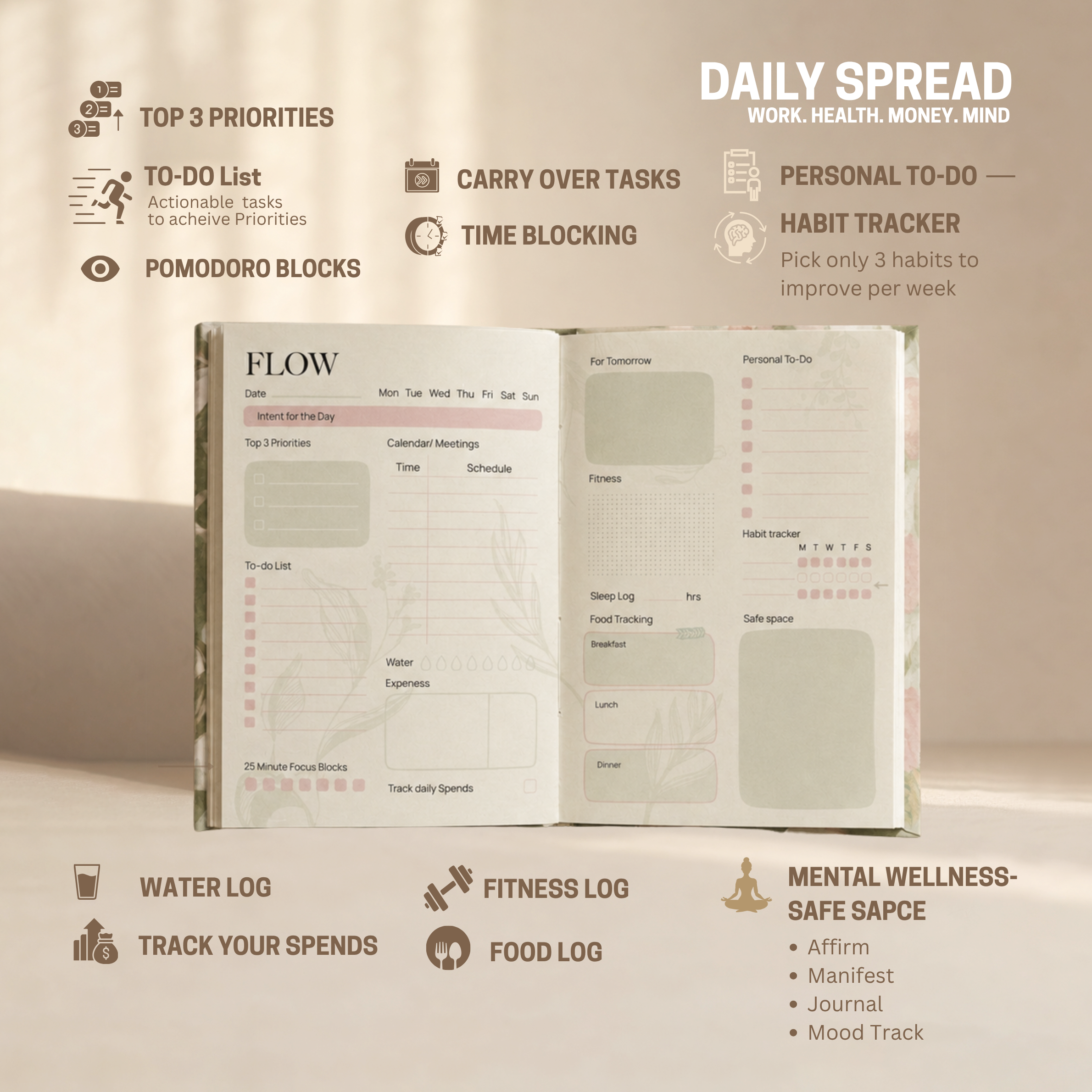FLOW-360 degree Wellness- Undated Daily/ weekly Planner Journal