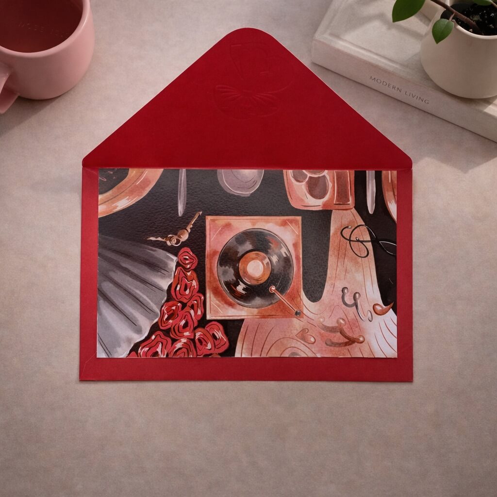 Vintage Love Vinyl Illustrated -Postcard with Envelope